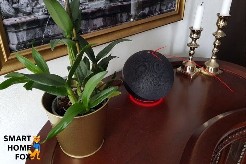 Alexa Echo stands on a cupboard and the light glows red